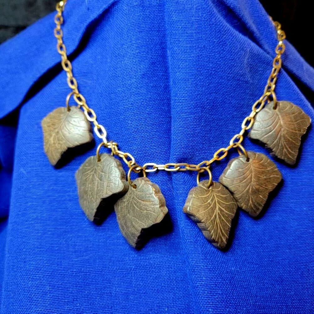 Vintage Hand Carved Wooden Leaves Necklace